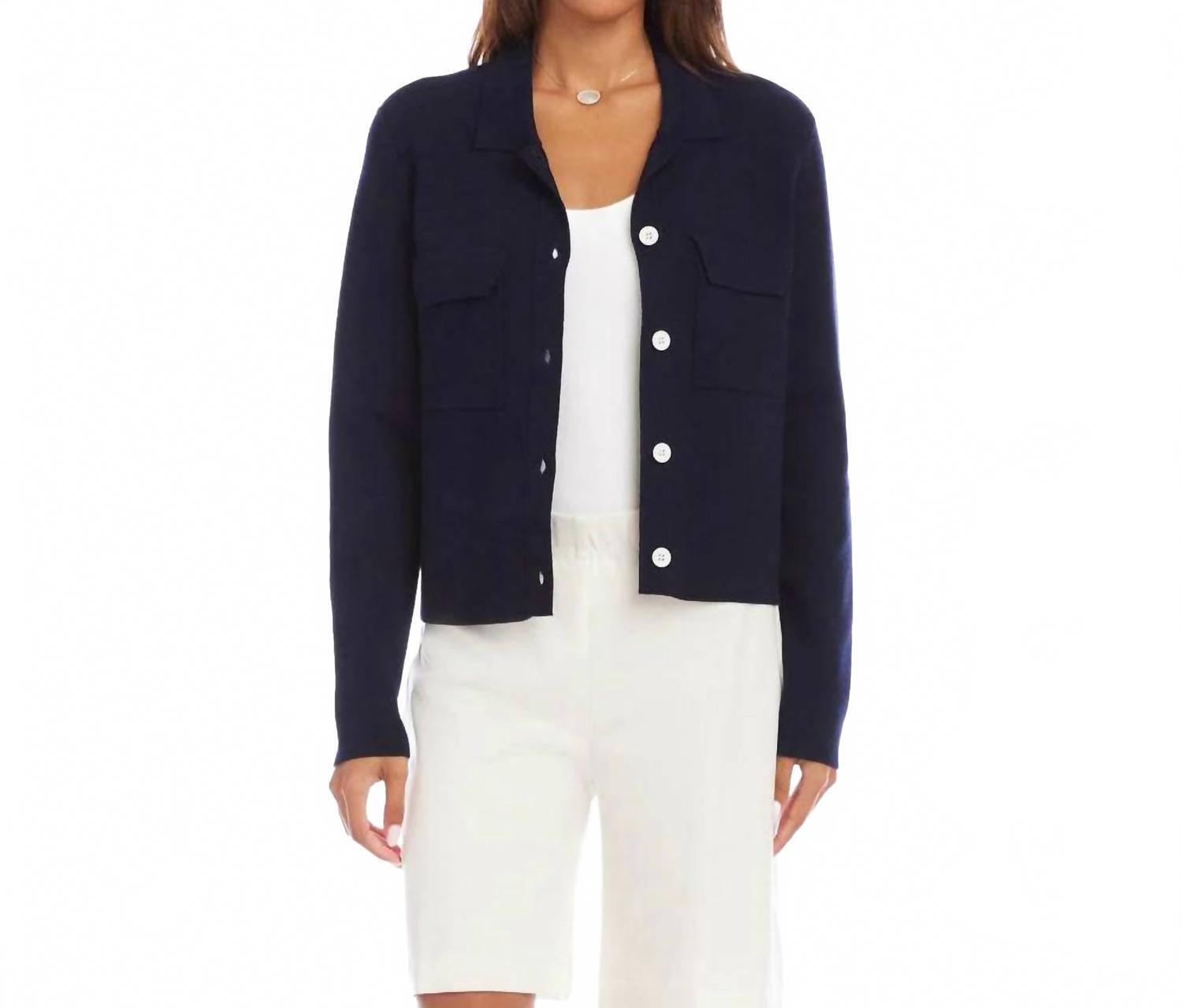 New Karen Kane Collared Sweater Jacket In Navy